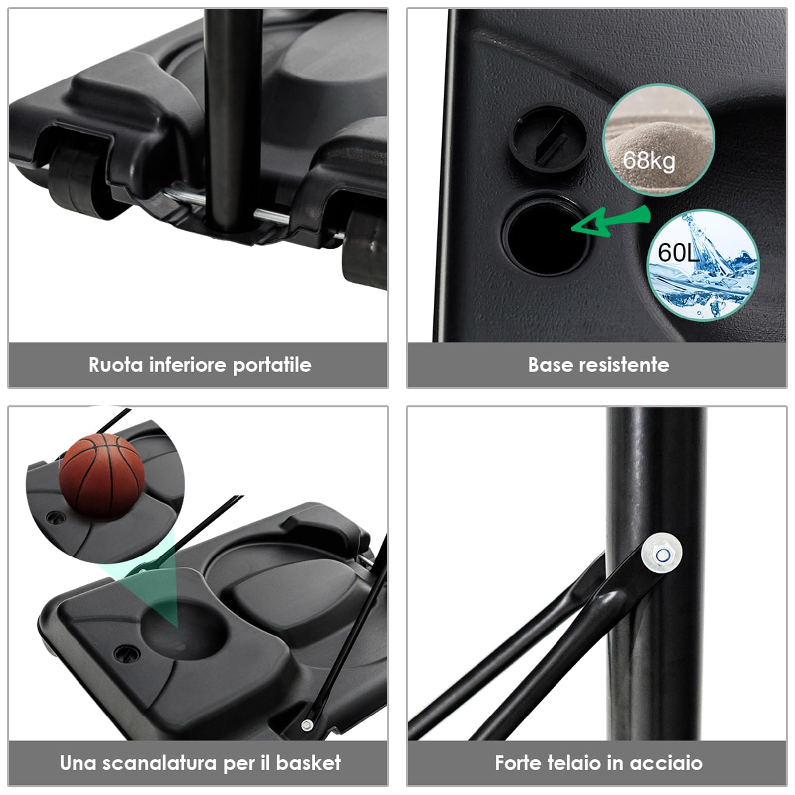 COSTWAY Canestro da Basket Portatile e Regolabile 180-305 cm, Canestro da Basket da Esterno ed Interno con Tabellone Resistente, Rete di Nylon e Base Riempibile, Ideale per Adolescenti e Adulti