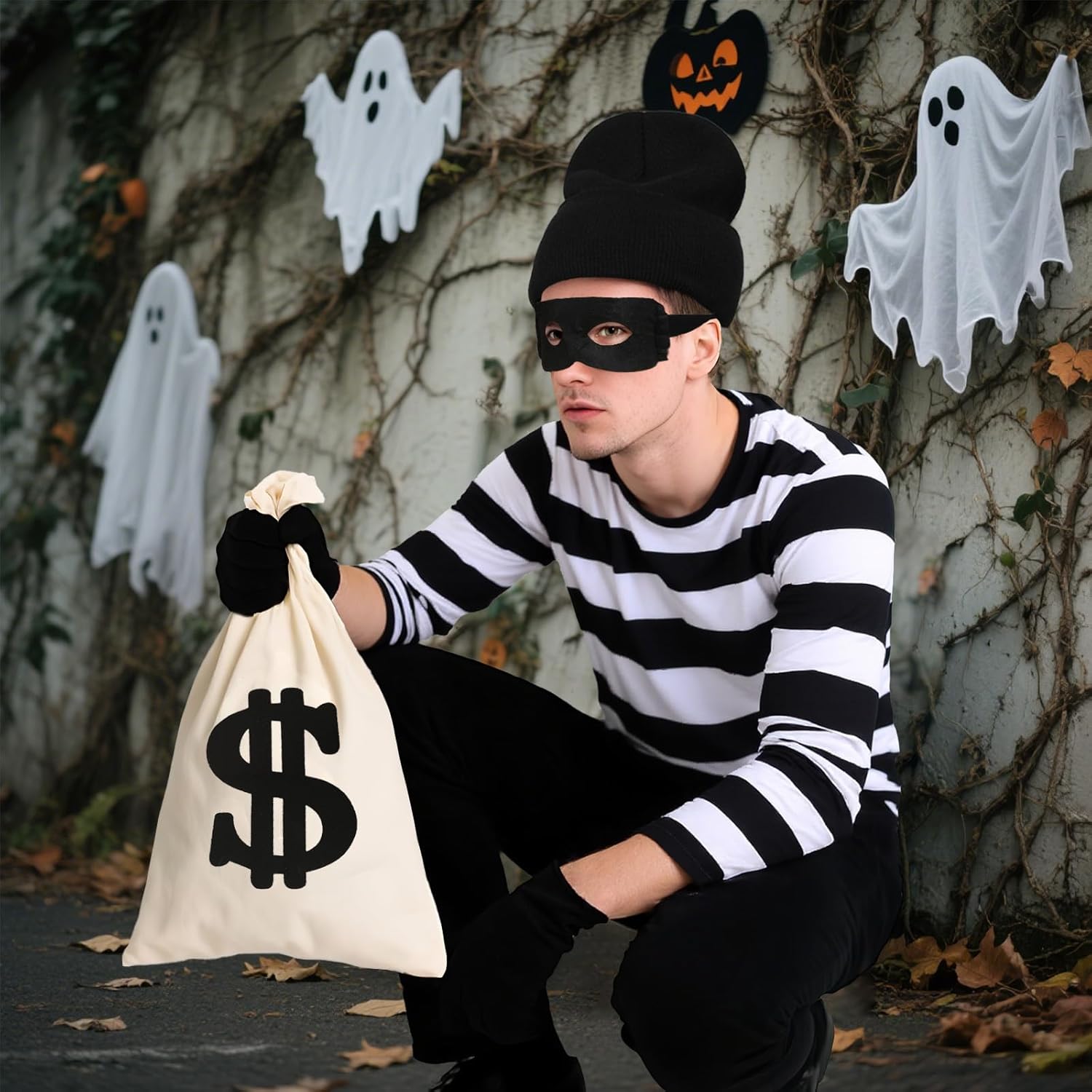 Robber Costume Set Black and White Striped T-Shirt Men's Burglar Set Halloween Cosplay Thief Accessories for Adult - Image 3