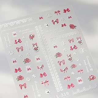 1 Sheets Embossed Pink Bow Nail Stickers for Nail Art 5D Self Adhesive Flower Nail Art Stickers with Pearl Design Pink Bows Floral Nail Decals White Small Flowers for Women DIY Manicure Decor
