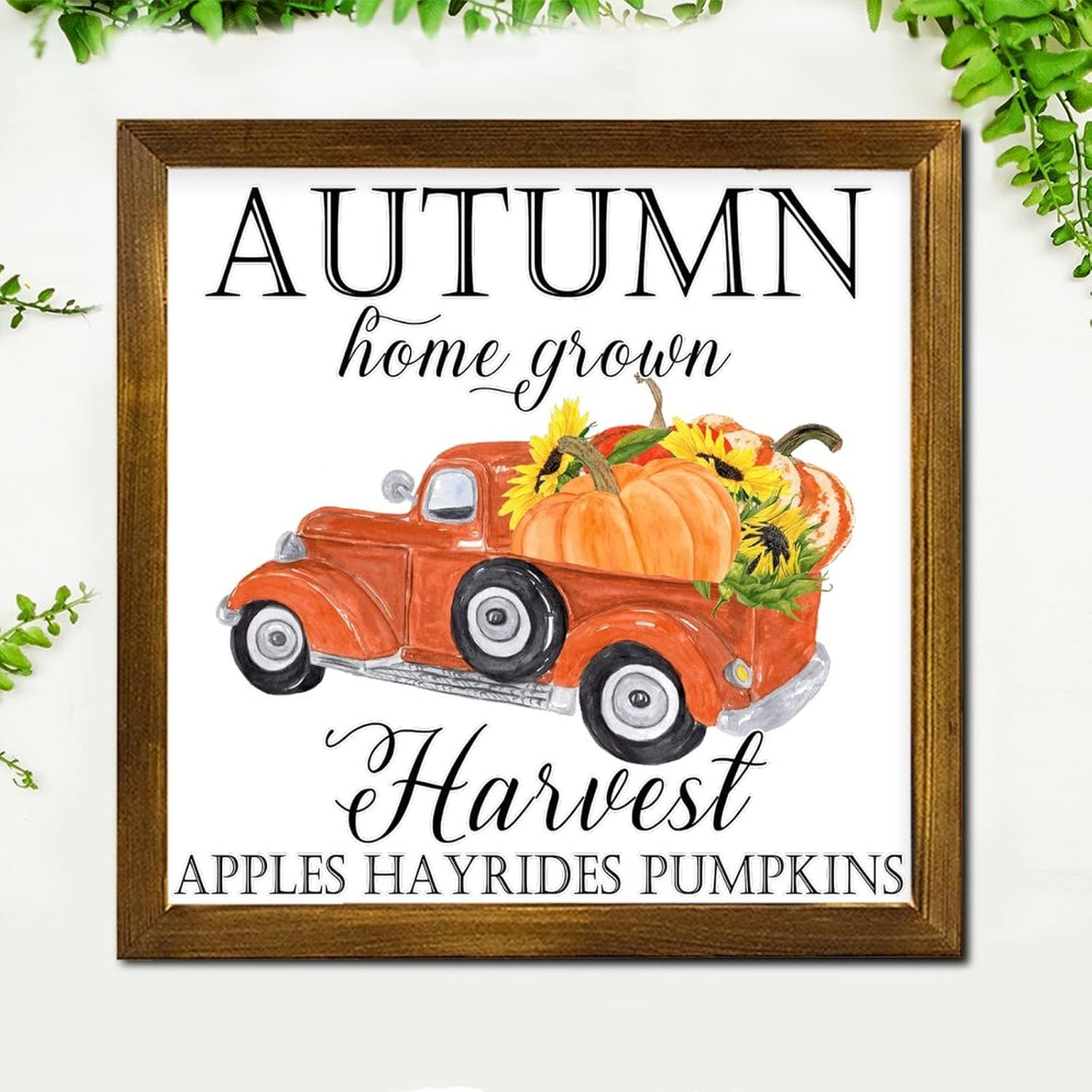 Autumn Harvest Home Grown Orange Truck Framed Wooden Signs Pumpkin Sunflower Gnome Wall Art Sign Vintage Autumn Harvest Wall Decor Farmhouse Rustic Wooden for Living Room Shelf Home 12x12 inch