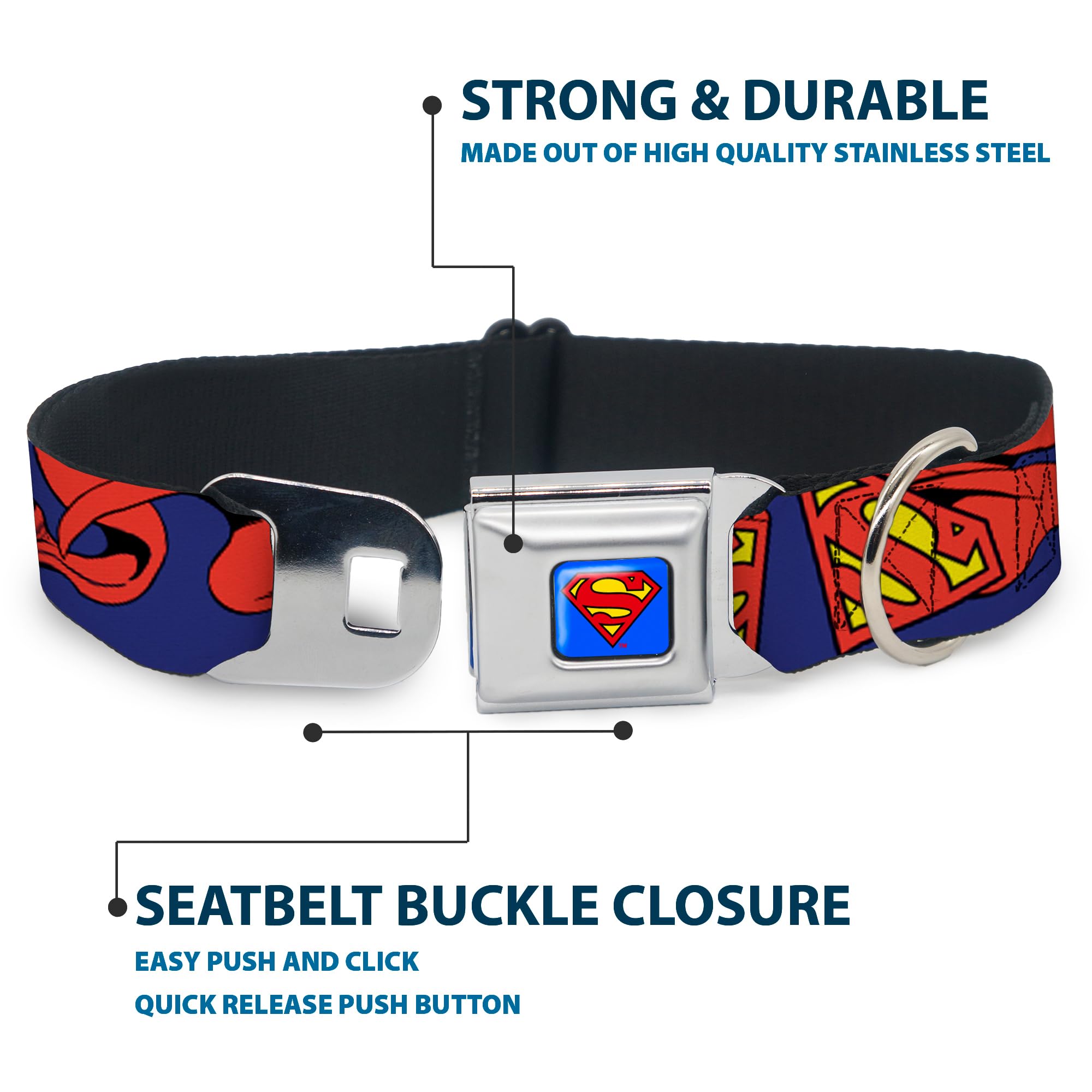 Buckle-Down Klamra pasa bezpieczeństwa obroża dla psa - Tarcza Supermana z peleryną - szerokość 3,8 cm - pasuje do szyi 40-58 cm - M