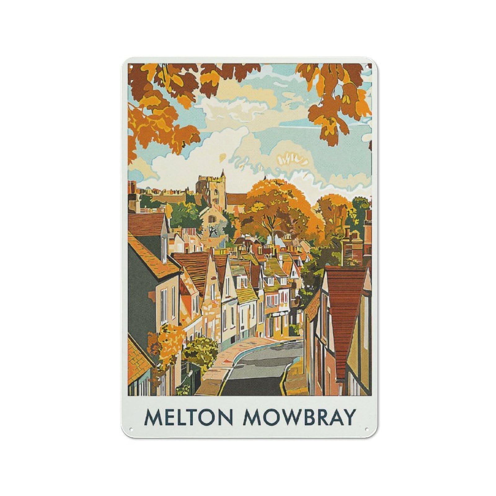 Junmoney Style Urban Melton Mowbray Town Illustration Decorative Metal Plaque 30X20cm, Urban Room Decor For Flat, Bar, Studio Or Gallery Wall