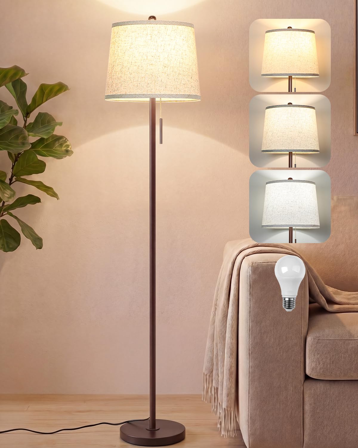 JUNNAI Stehlampe Wohnzimmer Modern, mit Lampenschirm, Braun Standleuchte | mit 9W E27 Birne, 3 Farbtemperatu, Reißverschluss‑Schalter, 160CM Stehleuchte Standleuchte für Wohnzimmer Schlafzimmer Büro