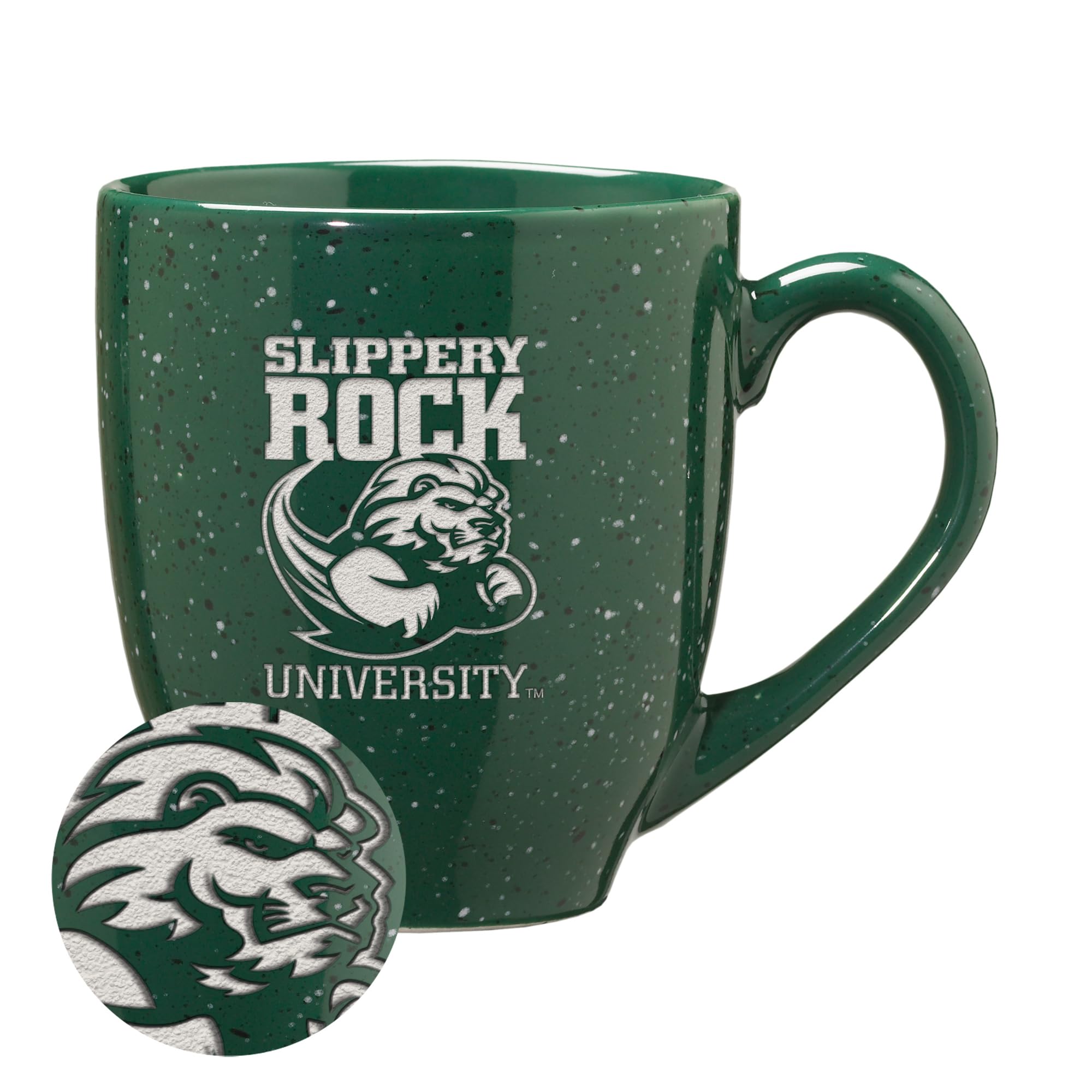 Rico Industries NCAA Slippery Rock – The Rock Primary Logo Green 16 oz Team Color Laser Engraved Speckled Ceramic Coffee Mug