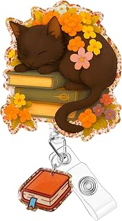 Plifal Badge Reel Holder Clip - Cute Book Cat Autumn Flower Retractable ID Name Card Badge Reel with Charm Alligator Clip, Office Nurse Nursing Medical Worker Student Accessories Gifts