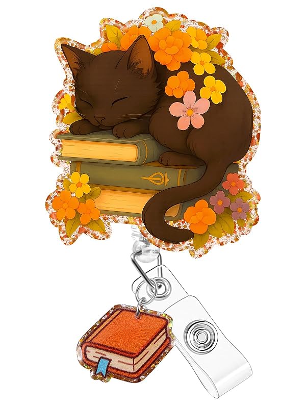 Plifal Badge Reel Holder Clip - Cute Book Cat Autumn Flower Retractable ID Name Card Badge Reel with Charm Alligator Clip, Office Nurse Nursing Medical Worker Student Accessories Gifts by Plifal - Used condition - US$8.64