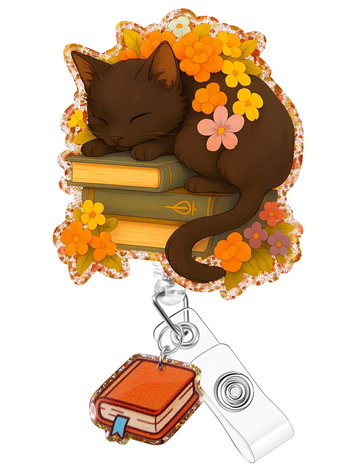 Plifal Badge Holder with Clip, Cute Book Cat Autumn Flower Retractable ID Badge Reel with Alligator Clip Office Nurse Nurse Medical Student Accessories Gifts