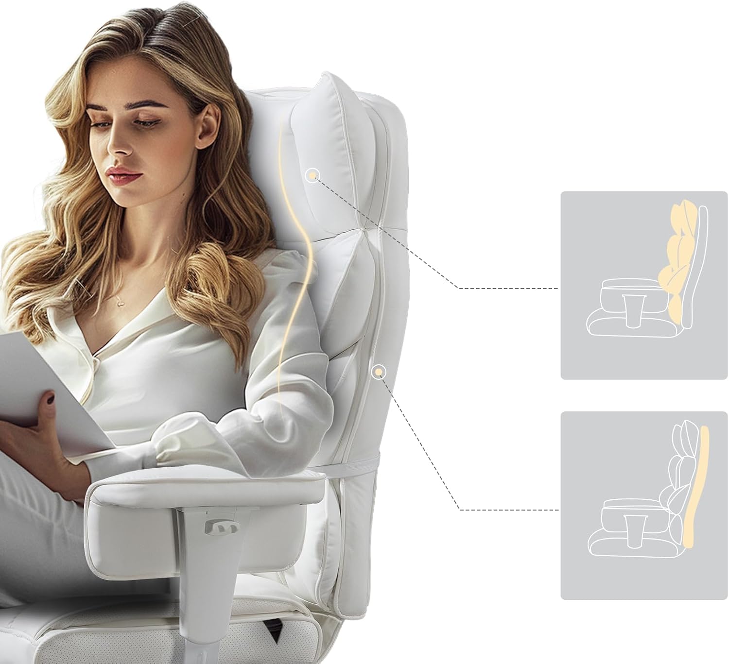 Diagram showing ergonomic support for the spine provided by the chair