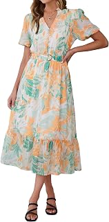 Simplee Womens Summer Boho Floral Midi Dress Casual Beach Wedding Guest Chiffon A Line Belted Long Flowy Holiday Dresses 2026