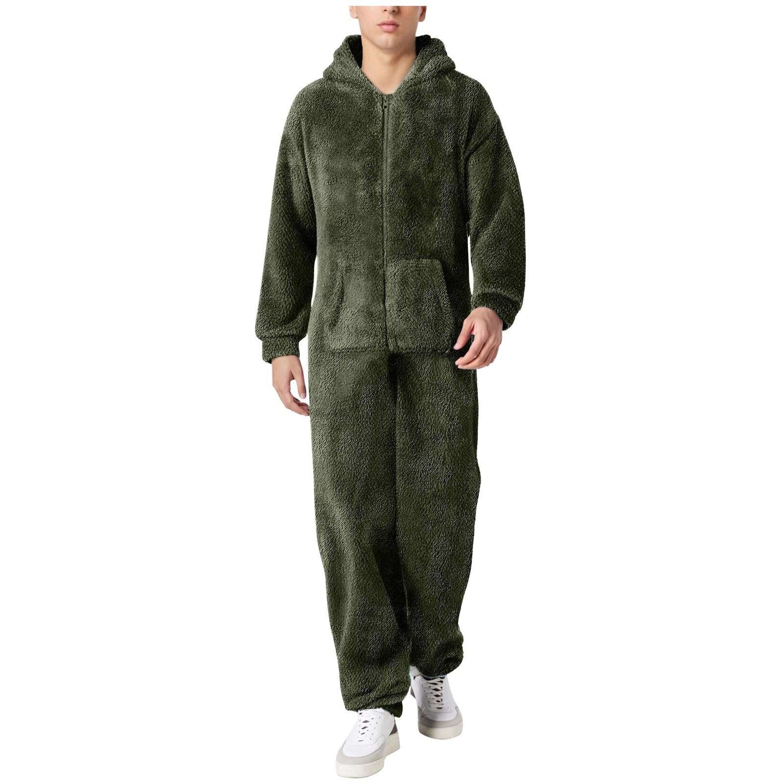 Fleece-Overall für Herren, Einteiler, flauschig und weich, Jumpsuit, kuschelig und warm, langärmlig, mit Kapuze, für Herbst und Winter