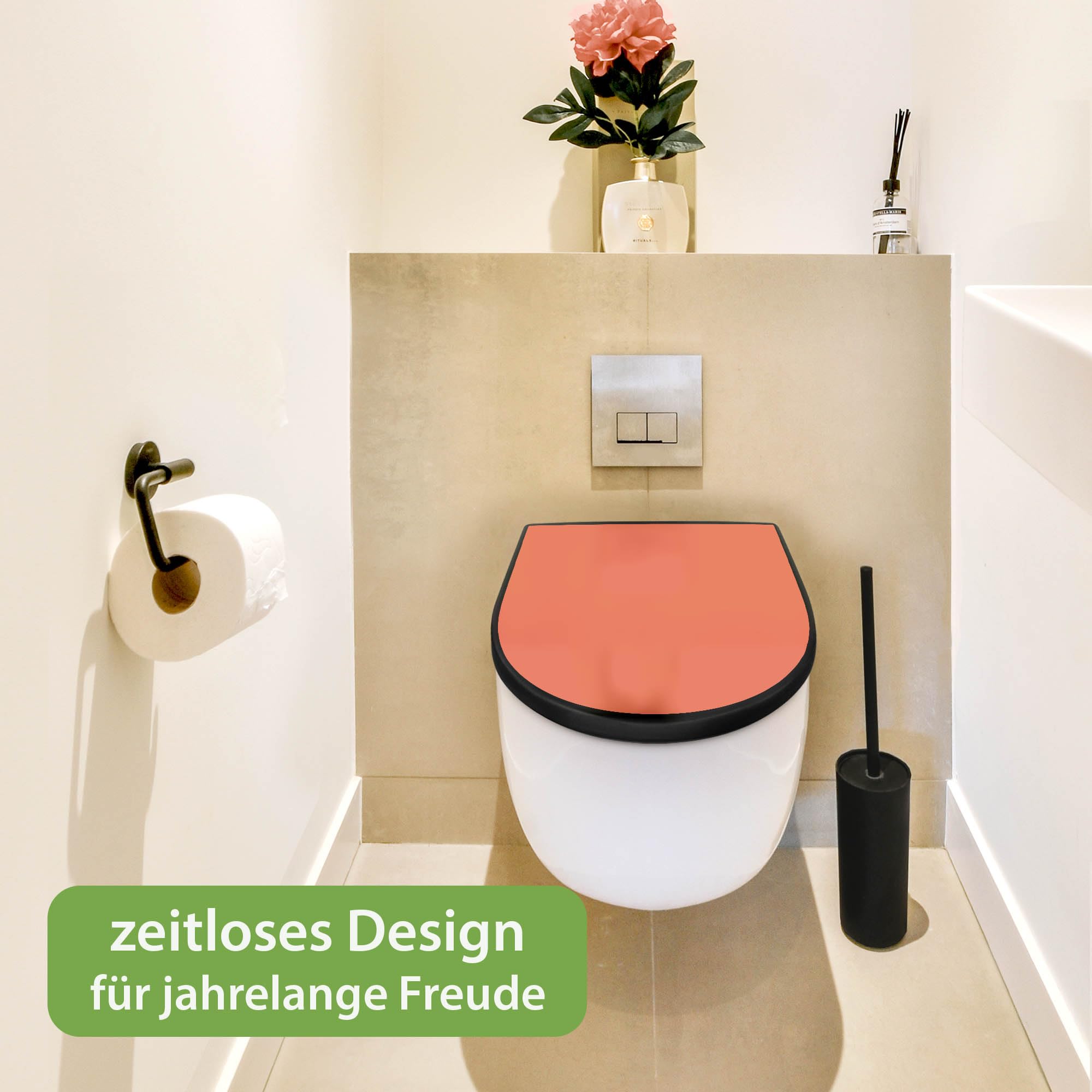 banjado WC Sitz mit Absenkautomatik D Form - Toilettendeckel mit Absenkautomatik D Form - Klodeckel Softclose - stabile Klobrille - Toilettensitz Schwarz - Farbe Orange