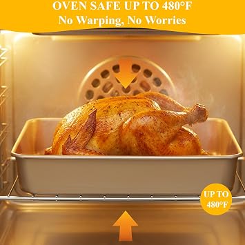 3 Pack Baking Pan Set 9/11/13 Inch Nonstick Rectangle Cake Pan Stackable Bakeware Bread Pans Cookie Sheets Oven Trays for Baking Lasagna Deep-Dish Pizza Brownies Casseroles, Gold