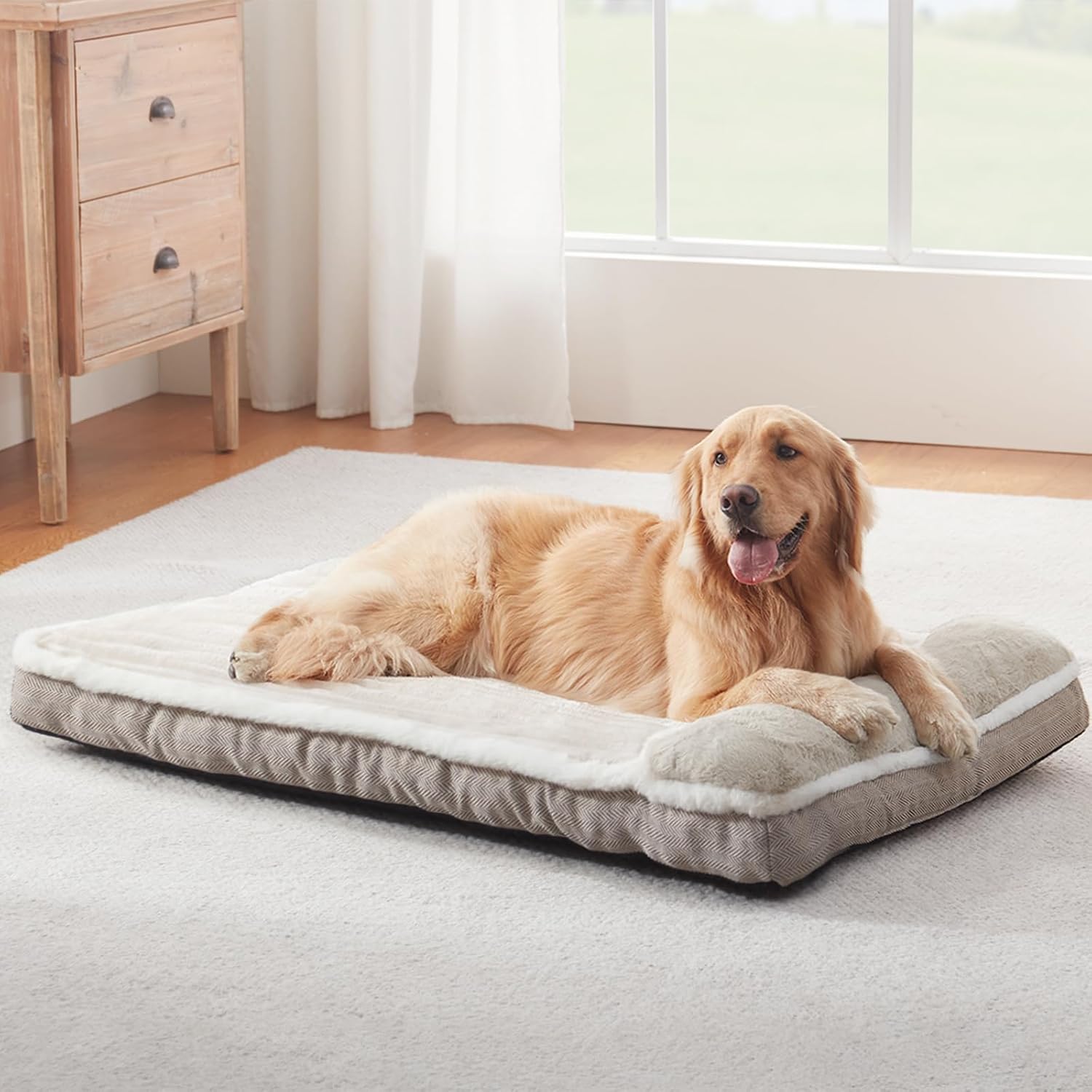 dog bed for large dogs, dog mattress with pillow for crate kennel, sofa pet bed, super soft pet bed for medium, jumbo, small dogs breeds (beige, x-large:(40"x28"x3.5") 40"l x 28"w x 3.5"th beige