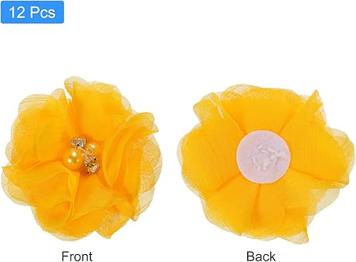 Miniatura 3 de MECCANIXITY Cabezas de flores artificiales de gasa con diamantes de imitación, flores de imitación de color amarillo dorado de 2 pulgadas