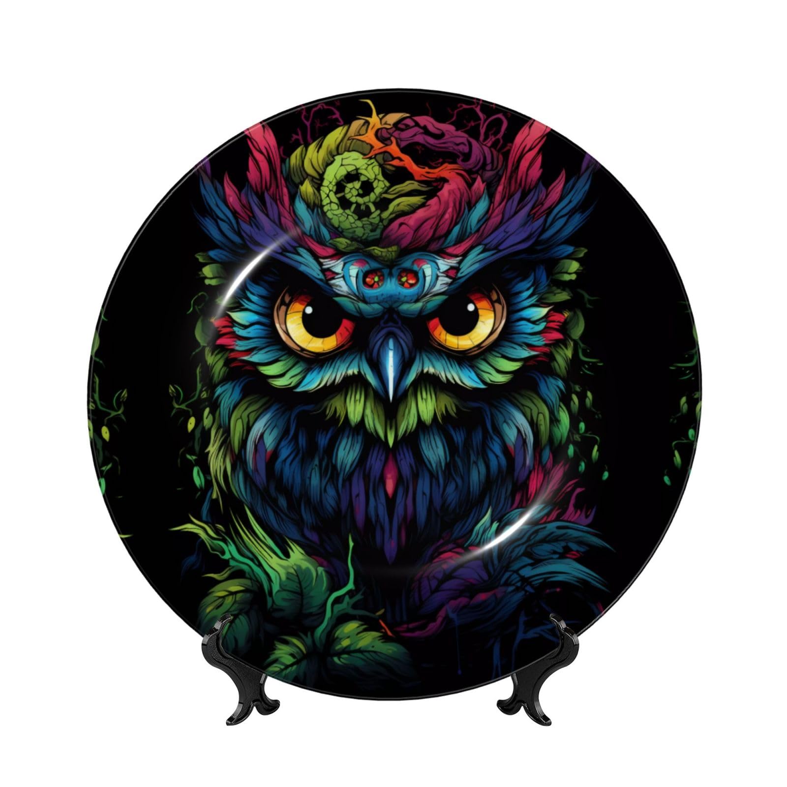 SXZVVBN Owl On Black Background Bone China Decorative Plate Art with Stand Removable Adhesive Hanging for Home Office 7in