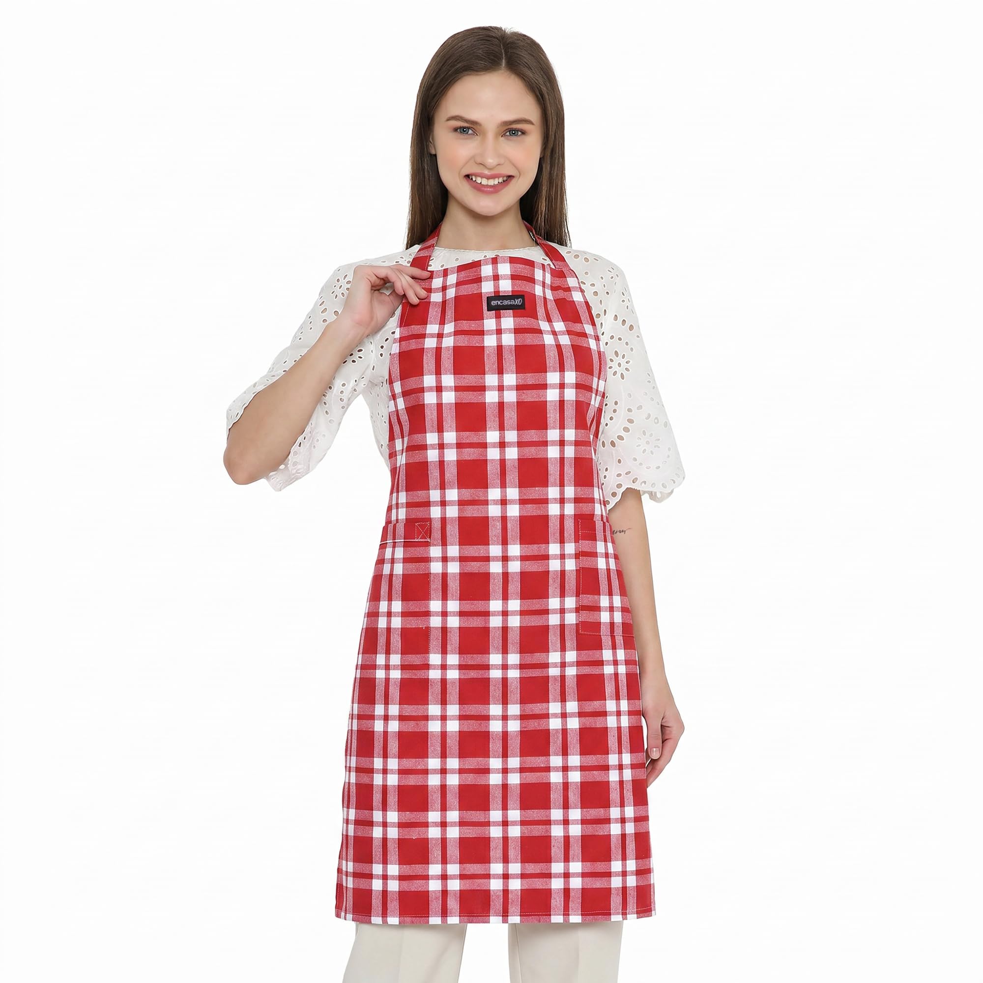 Encasa XO Cotton Cooking kitchen Apron for Women and Men chef apron With adjustable neckstrap, Pocket & Towel Holder for Easy cooking, Baking, BBQ, Gardening - (Franca Red Checks), 68x85 cm