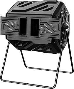 43 Gallon Compost Bin with Gloves, Fast Assembly & Easy Setup Outdoor Compost Tumbler, Dual Chamber, Black