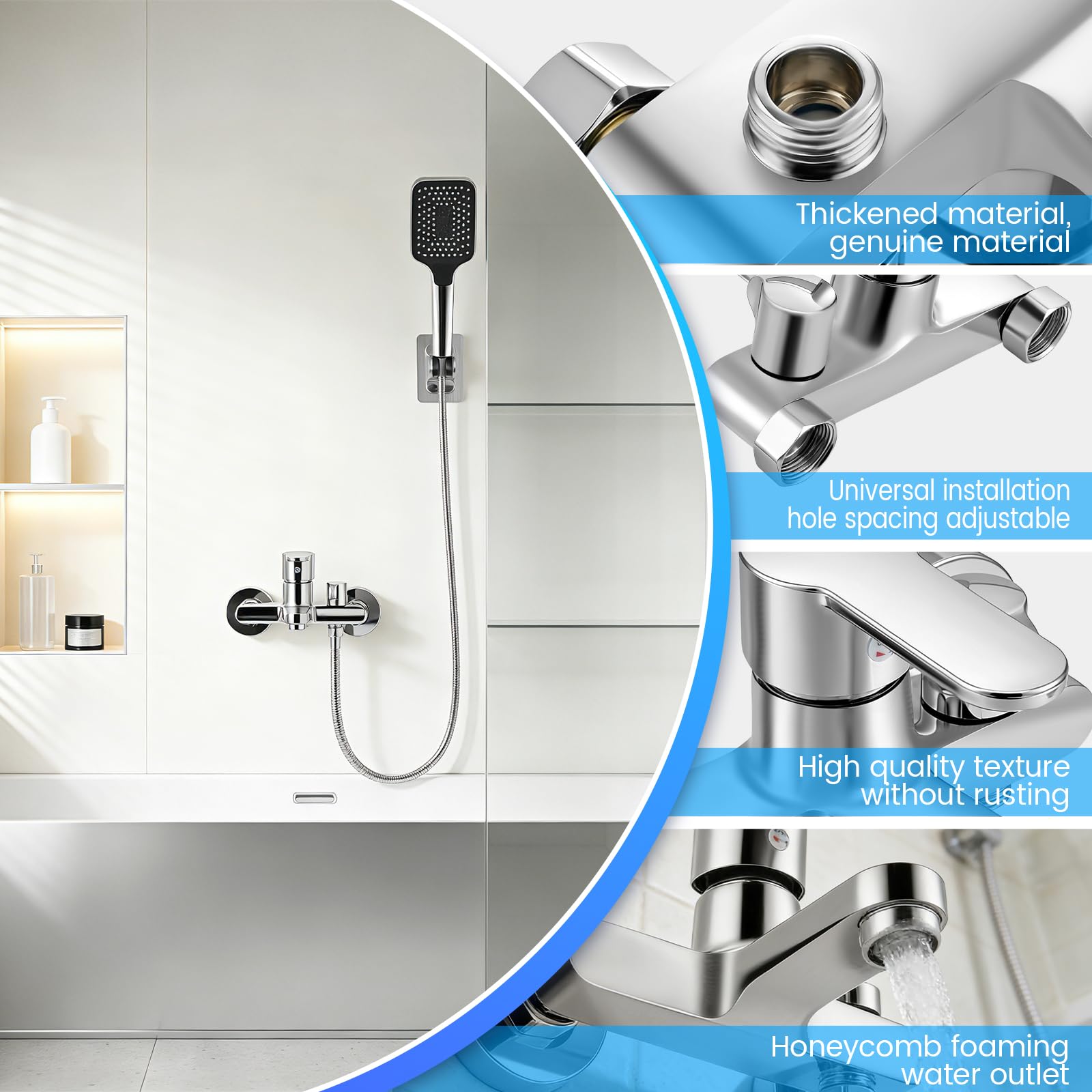 Rubinetto per vasca da bagno con doccetta a mano, miscelatore in ottone per vasca, Rubinetto da bagno a cascata, rubinetto per vasca con supporto a parete e flessibile doccia da 1,5 m Per Doccia