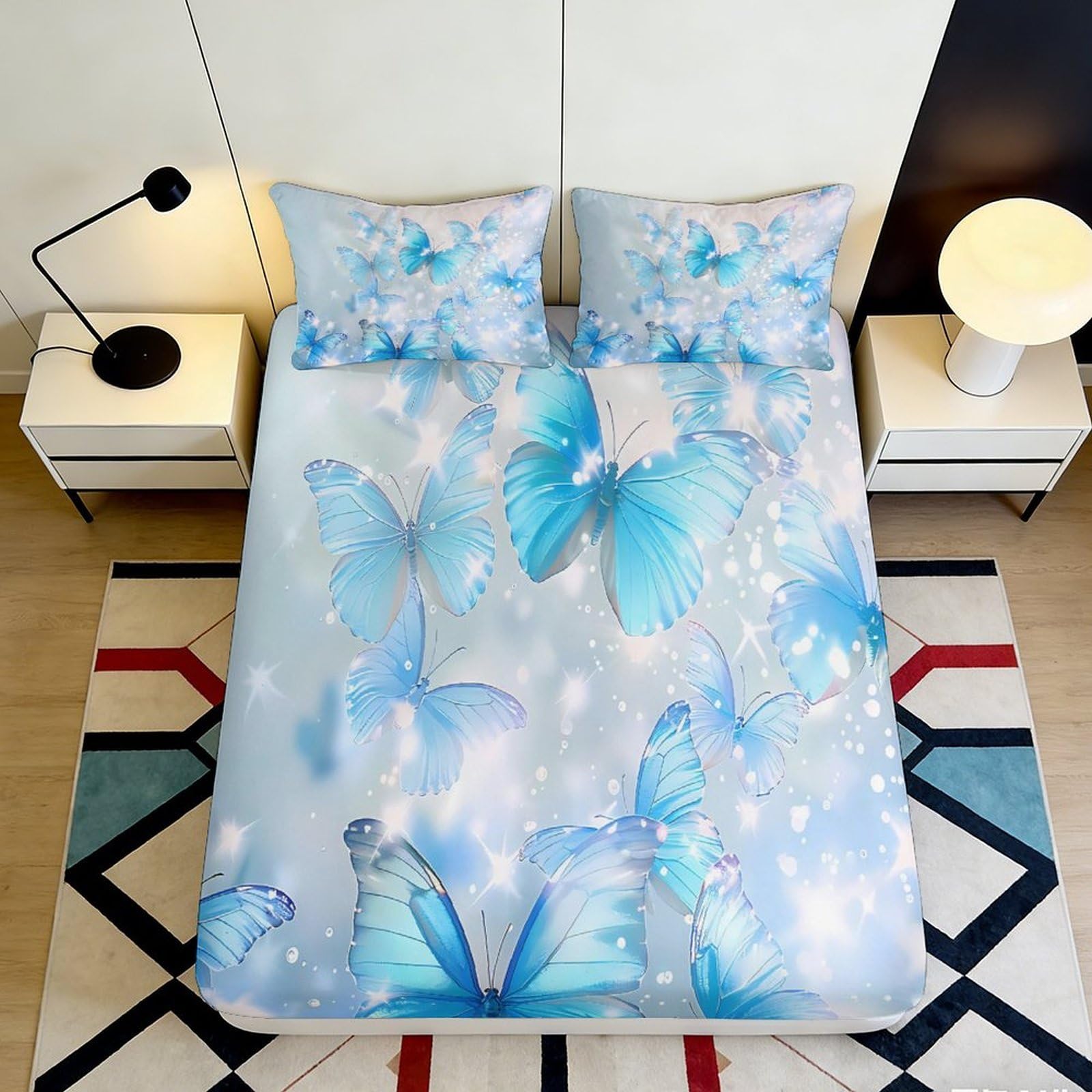 3D Printed Blue Butterfly Fitted Sheet Microfiber Soft Non-Slip Artistic Bed Cover for Bedroom Guest Room Dorm Mattress Protection 90x200x25cm