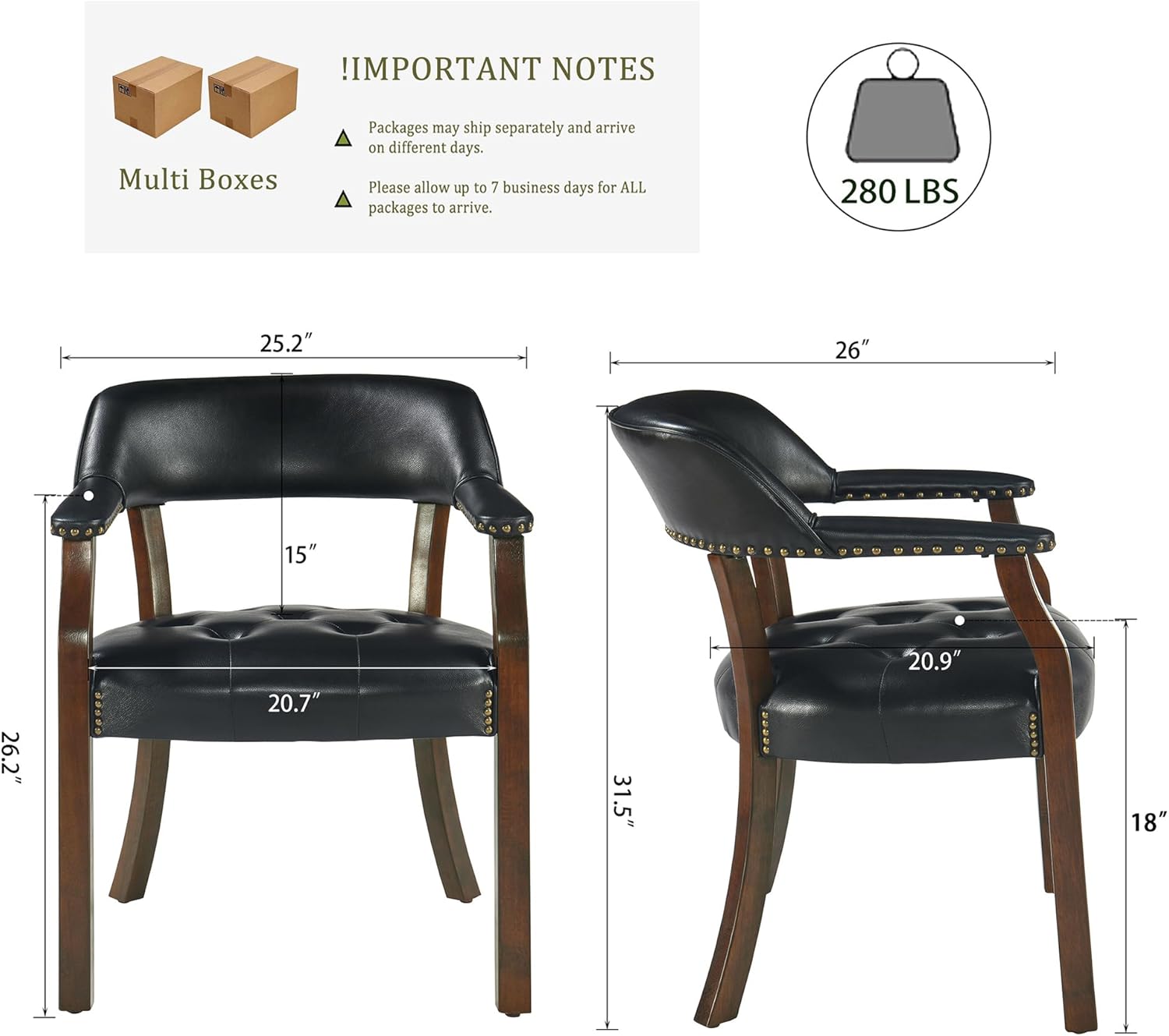 LEEMTORIG Set of 6 Faux Leather Dining Chair with Arms, Dining Chair with Supportive Back, Game Poker Table Chairs, Boss Caption's Chairs Office Desk Chairs, Cherry Walnut Legs & Black PU NX173D