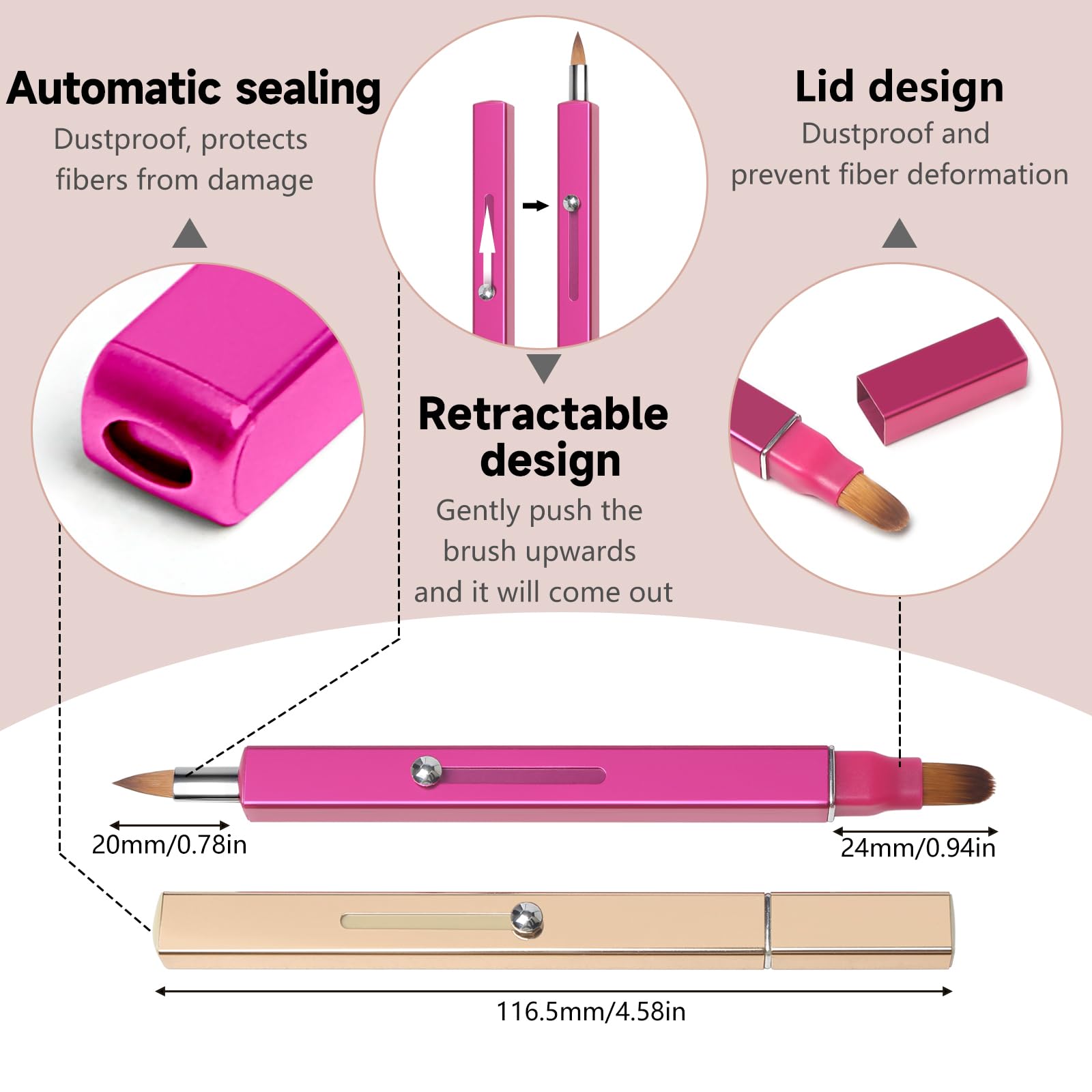 Retractable Retractable Dual-ended Lipstick Brush Double-ended Lip Makeup Brush Lip Gloss, Eyeshadow-2PCS (Gold + Rose) - Image 3