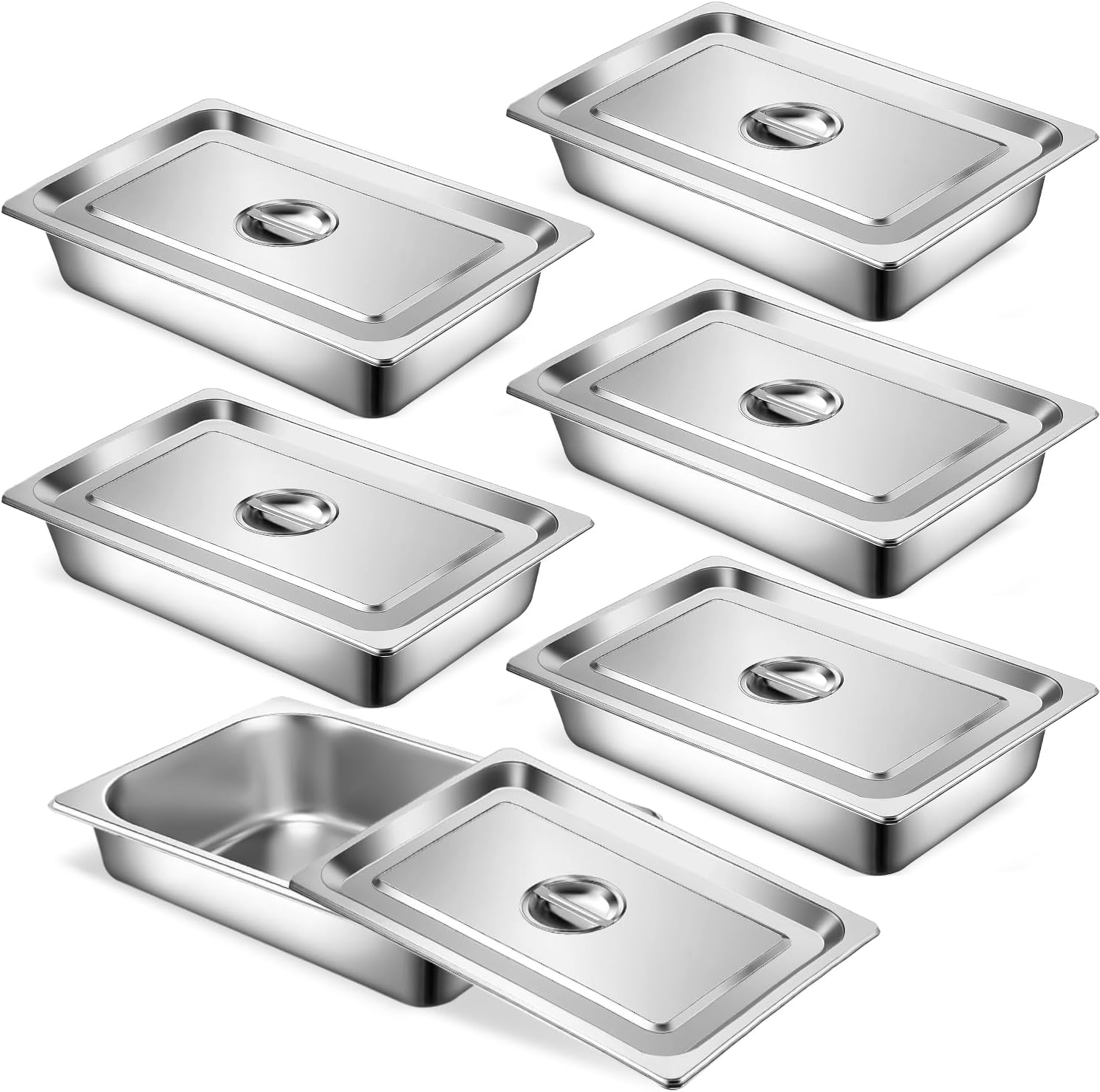 6 Set Stainless Steel Hotel Pans Full Size 2 1/2 Inch Deep With Lids, Anti-Jam Chafing Steam Table Pans, Catering Food Storage Metal Pan