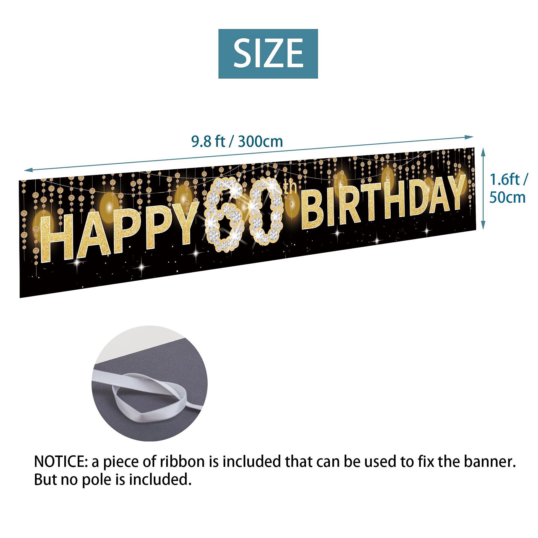Joyiou Baner 'Happy 60th Birthday' dekoracje dla mężczyzn i kobiet, złoty 60-letni prezent na przyjęcie urodzinowe, dekoracja z okazji sześćdziesięciu urodzin na zewnątrz i wewnątrz, 3 x 0,5 m