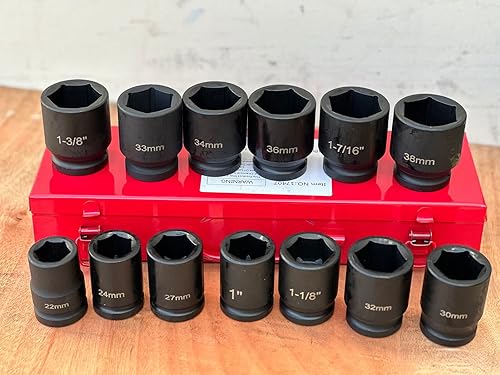 Juego de dados de impacto Dr. Air de 13 piezas poco profundos de 3/4 pulgadas, 6 Pt SAE METRIC 0.866 in ~ 1-7/16 pulgadas