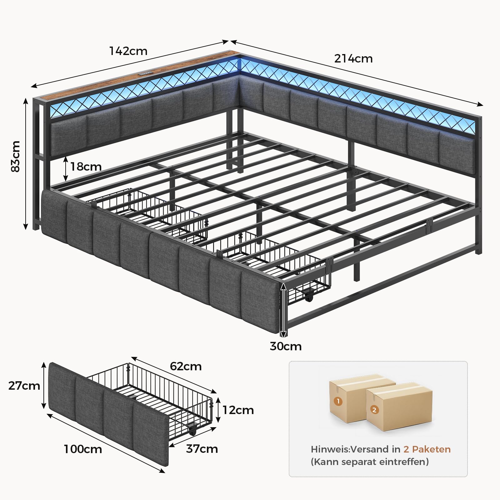 AOGLLATI Polsterbett Schlafsofa 140x200 mit USB-Steckdosen und LED-Beleuchtung Jugendbett 140x200 mit 2 Schubladen,Tagesbett Gästebett Bettgestell mit Lattenrost,Ohne Matratze(Grau,140x200cm)