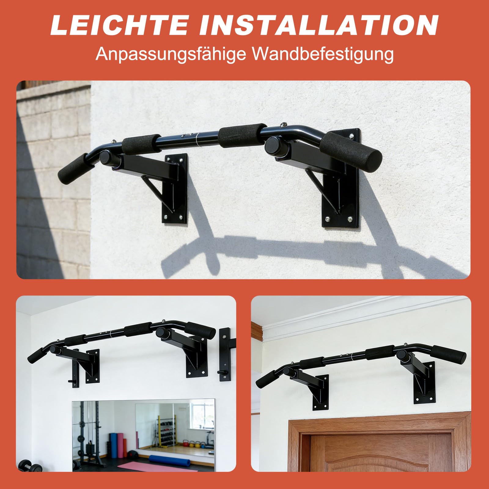ISE Klimmzugstange Wand zur Wandmontage, Pull Up Bar mit rutschfesten Griffen, Klimmzugstange Decke mit Wandhalterung & 8 Schwerlastdübel zur Montage SY-165