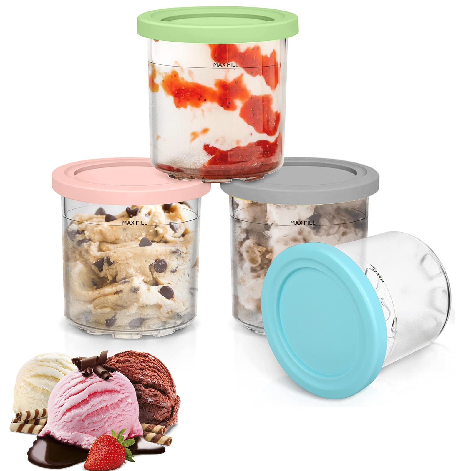 Dushoplor Pink 4 Pack Ice Cream Pints Cups, 16Oz, Compatible With Ninja Creami Ice Cream Maker Nc299amz & Nc300 Series, Bpa-Free & Dishwasher Safe, With Colorful Lids (Grey/Green/Pink/Aqua)