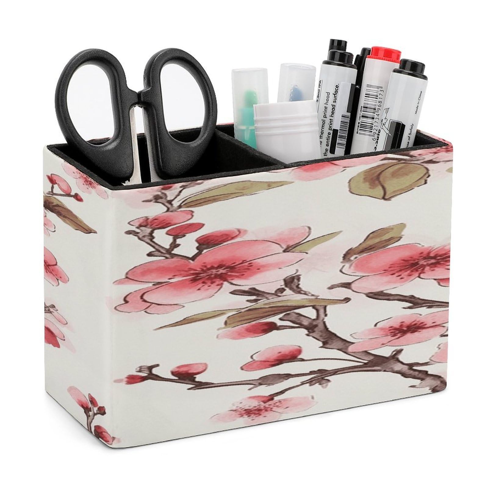 VstaDank Cherry Blossom Pen Holder Double Compartments Pen Cup Fashion Makeup Brush Holders Leather Pencil Holder for Work Locker Accessories Modern Pencil Cup for Desk Organizer