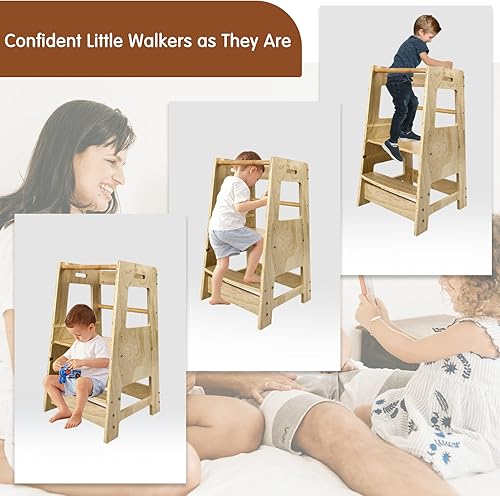 Miniatura 5 de ECOMEX Taburete de cocina de pie para niños pequeños, taburete de aprendizaje de altura ajustable con riel de seguridad extraíble para dormitorio,