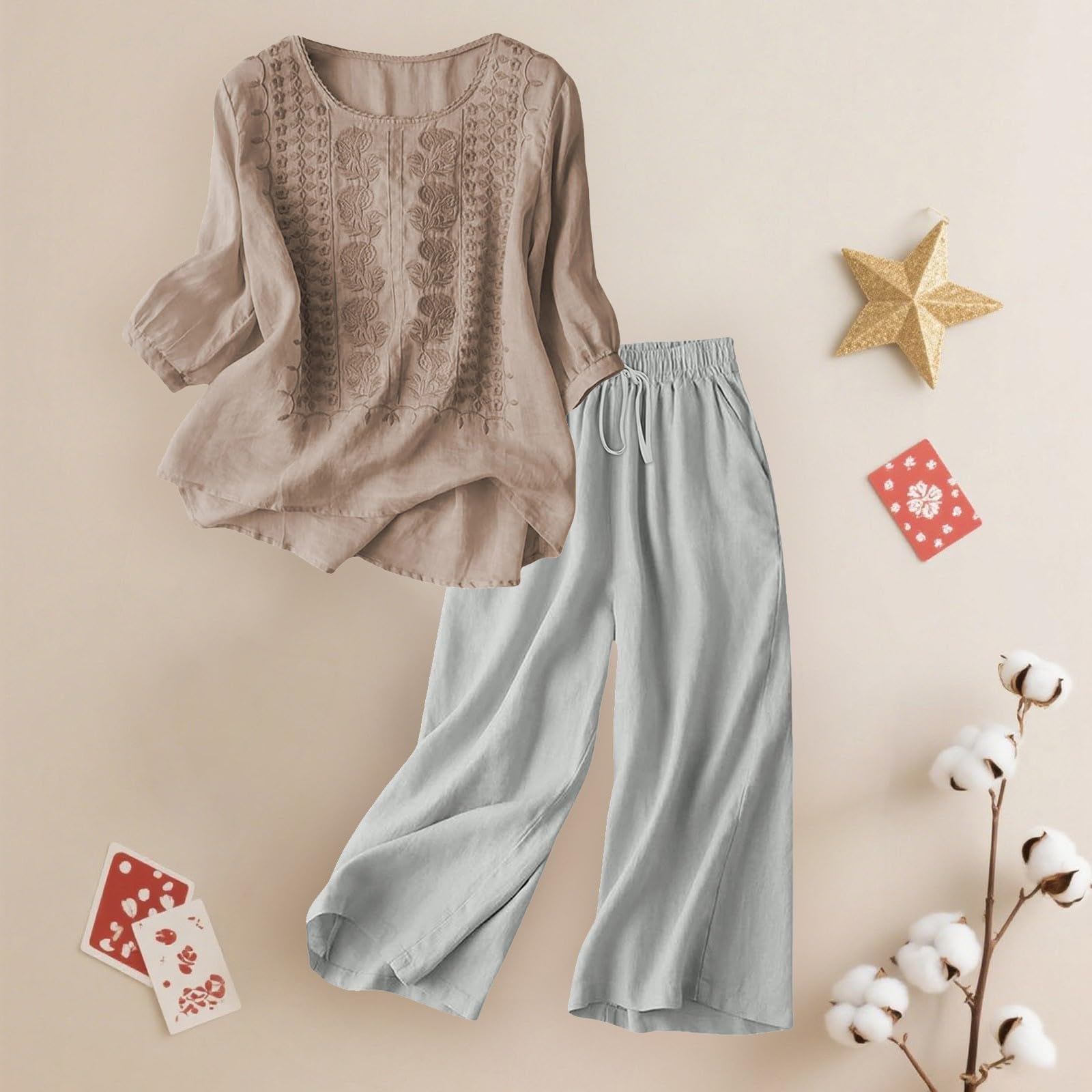Generisch Tuta da donna per il tempo libero, moderna, elegante, set da donna, in due pezzi, grandi dimensioni, comoda, in lino, maniche a 3/4, maglione con ricamo, tuta da casa, pantaloni larghi