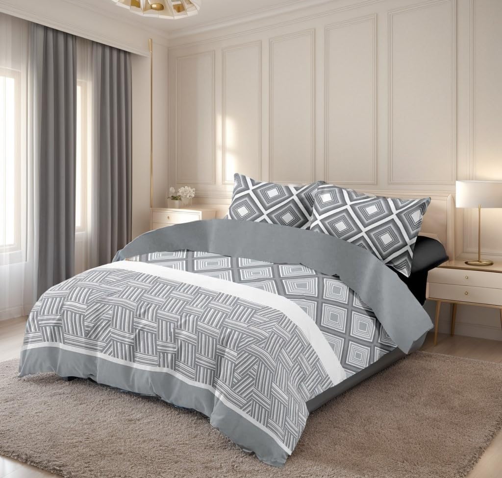 Juego de Funda Nórdica 4 Piezas Cama 150 Microfibra Extra Suave Transpirable - 1 Funda Edredón 240x220 cm, 1 Bajera 150x200+28 cm y 2 Fundas de Almohada 50x90 cm (Cuadro Gris)