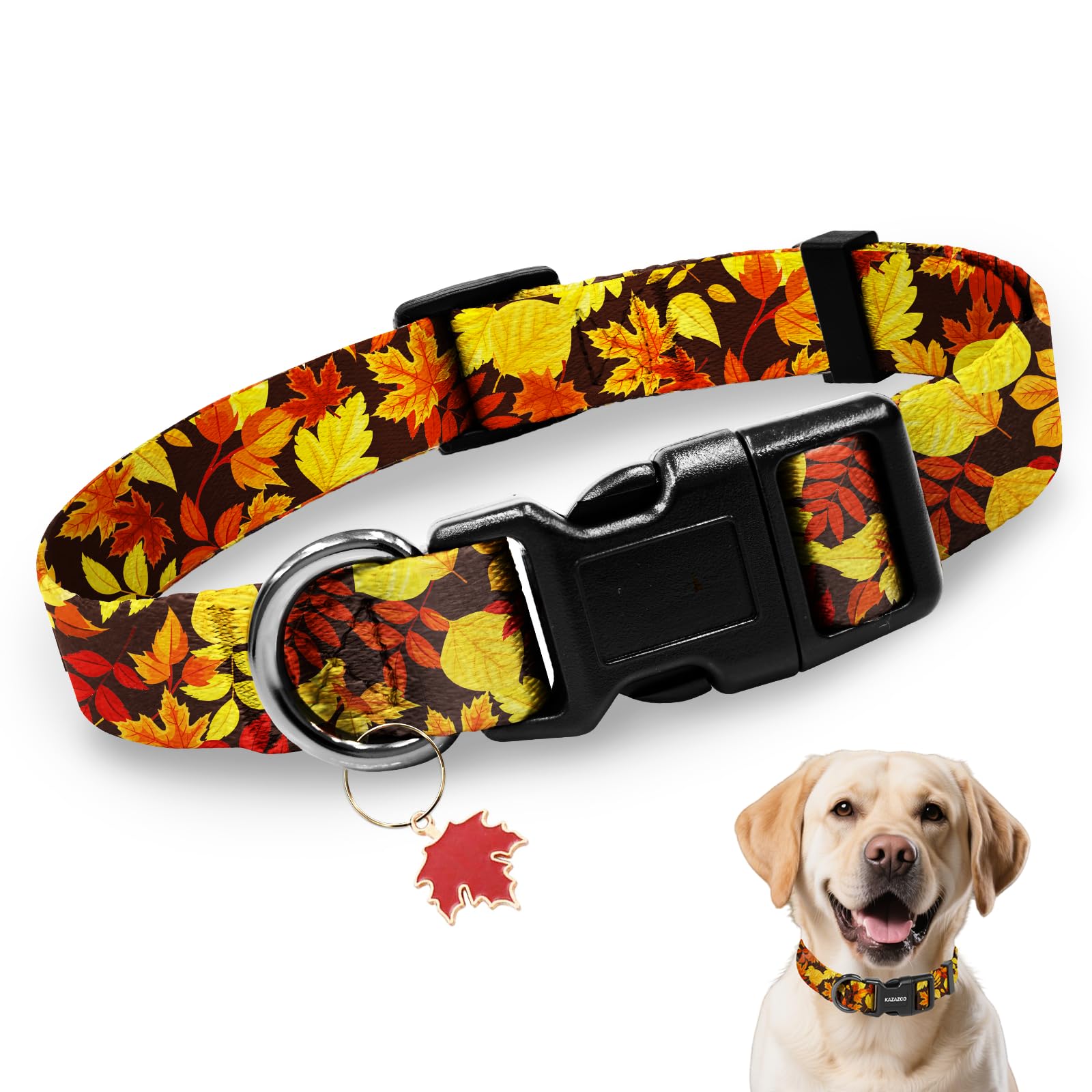 Kazazoo Dog Collar Cute and Soft Nylon Puppy Collar for Boy and Girl Dogs, Adjustable Dog Collars for Large Dogs, Maple Leaf-L