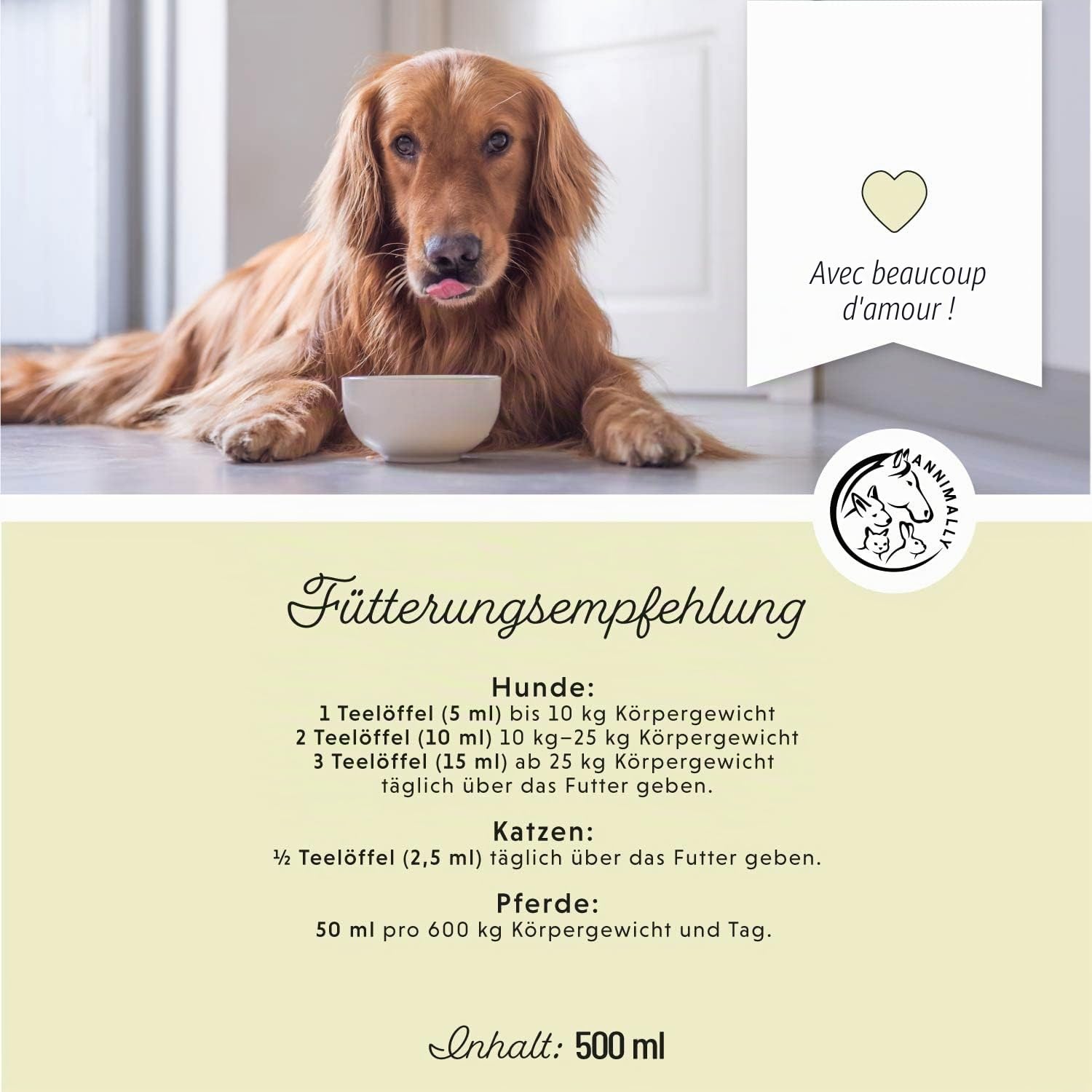 Huile de Lin pour Chiens 500 ML - Huile Chien de graines de Lin pressée à Froid, Riche en acides Gras Omega 3 pour Chien & 6 et en Vitamine B