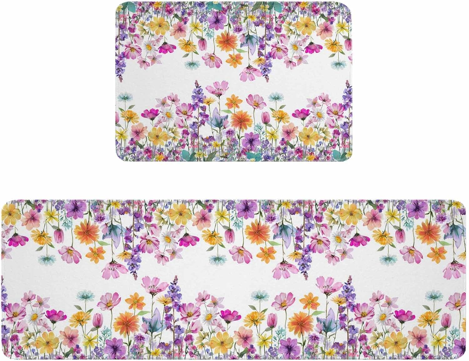 Pink Spring Floral Kitchen Rugs and Mats Set of 2, Non-Slip Kitchen Sink Mat, Flowers Elegant Pastoral Watercolor Washable Doormat Bathroom Rugs Runner for Bedroom/Living Room 19.7"x31.5"+19.7"x47.2"