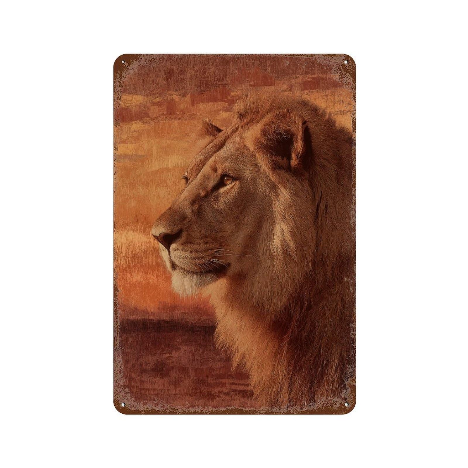 Golden Lion Portrait 11.8"x7.9" Vintage Rust Metal Sign, Decorative Metal Wall Art for Bistro, Counter And Cafe Decor