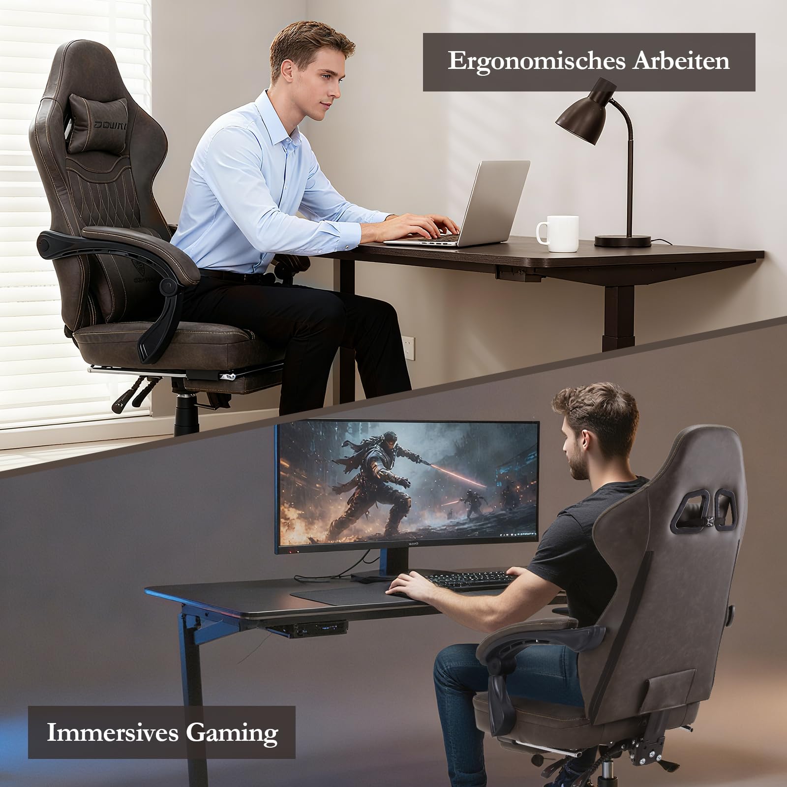 Dowinx Sedia da gioco con cuscino primaverile, da corsa, da ufficio, con massaggio, ergonomica, con poggiapiedi, in pelle PU (marrone)