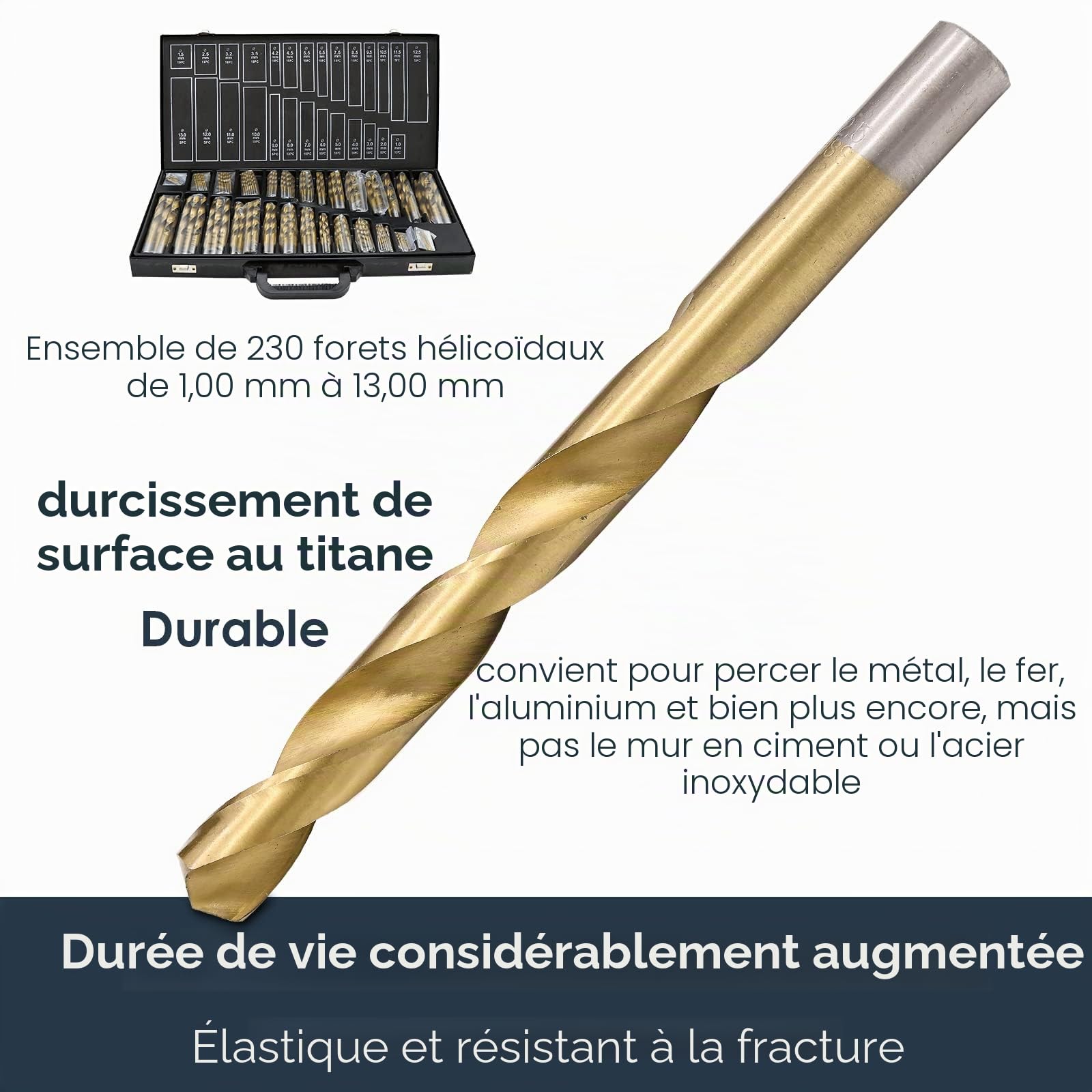 Assortiment de forets métalliques de 230 pièces, ensemble de forets en spirale de 1 à 13 mm, revêtement en titane, ensemble de forets professionnels