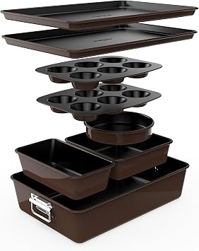 NutriChef Non-Stick Bakeware Set   8-Piece Stackable Oven-Safe Trays with Cookie Sheet, Loaf Pan, Pizza Pan, Muffin Tin, Cake Tin, Round & Square Pans   Durable & Space-Saving