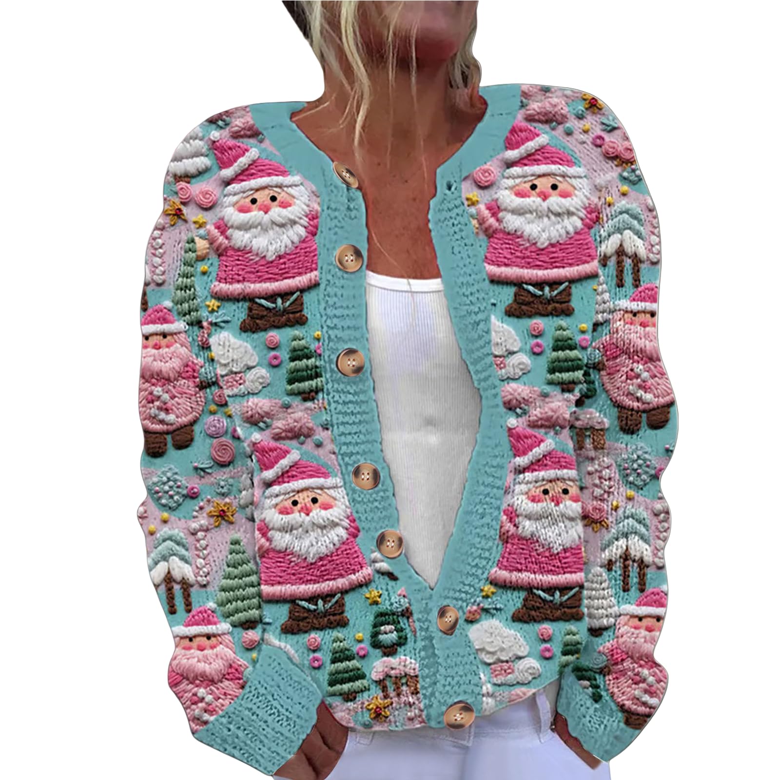 Christmas Sweater for Women Cute Funny Xmas Open Front Button Down Sweater Cardigans Fall Winter Long Sleeves Knitted
