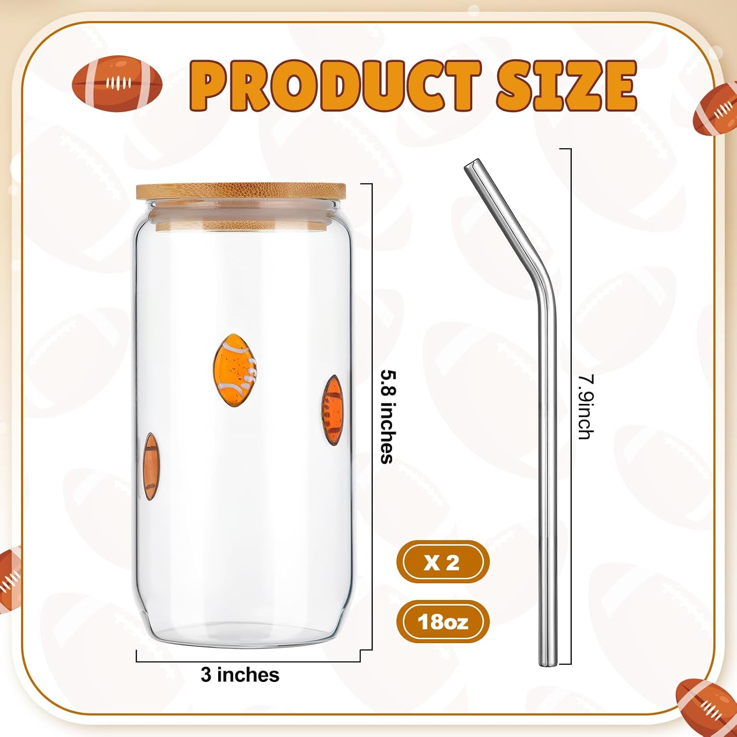 Honeydak Football Party Drinking Glasses - 18 oz Football Icon Juice Glass Tumbler with Lid & Straw Coffee Beer Soda Cocktail Drinking Cup for Game Sport Day Party Supplies Fans Gifts - Image 3
