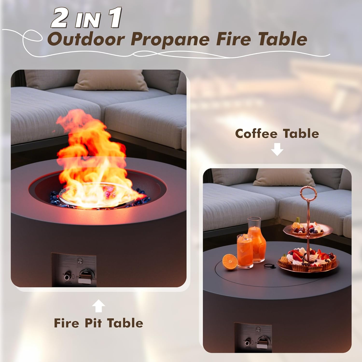 30" Round Propane Fire Pit Table - 50K BTU with Lid, Rocks Tank Storage and Cover - Round Gas Fire Pits for Outside Patio - Outdoor Table with Firepit (Grey/Golden Light, 30" Round)