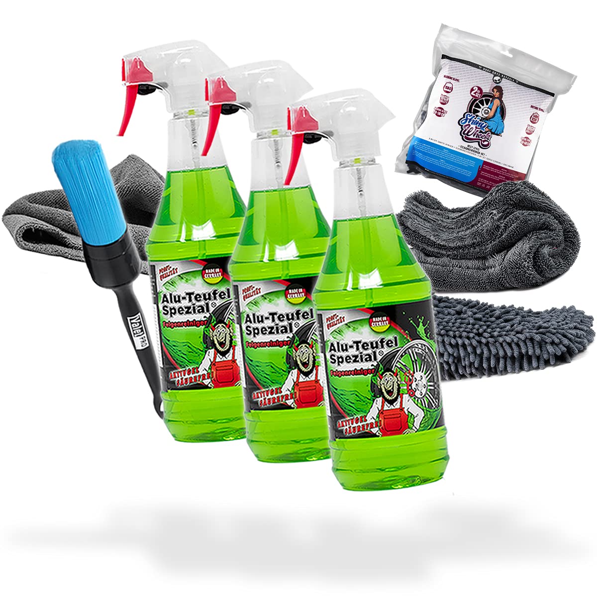 detailmate Juego de Limpieza de Llantas: 3X Tuga Chemie ALU-Teufel 1L Limpiador Llantas + Juego de Nuke Guys Shiny Wheels con paño y manopla Lavado + Cepillo para Llantas ValetPRO + paño Microfibra