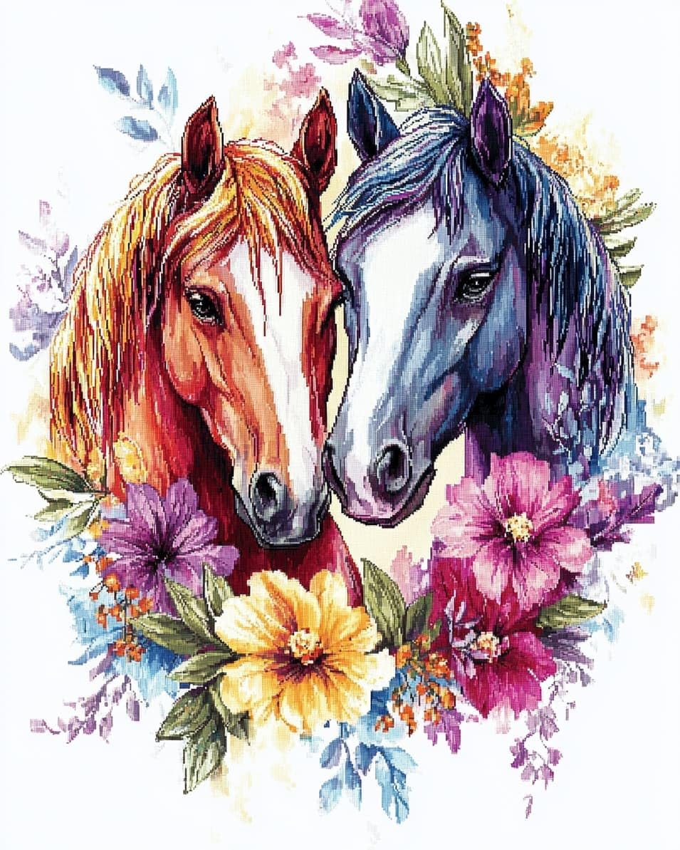 WallustrioaW DIY Stamped Cross Stitch Kits for Beginners,Two Horses,11CT Needlepoint Embroidery Cross Stitch Kits Art Craft Wall Decoration,40x50cm