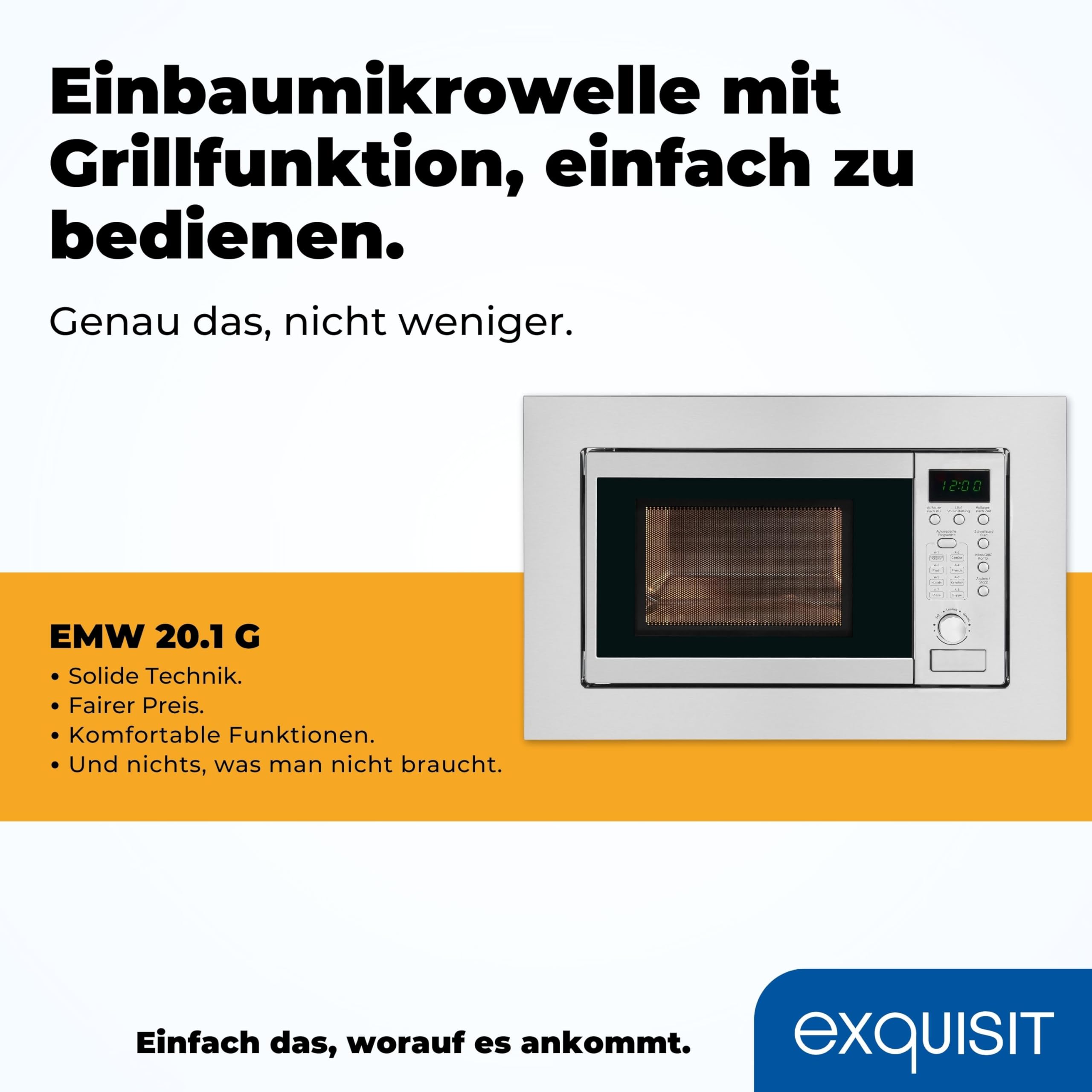 Exquisit Einbaumikrowelle mit Grill, 20 L, 800 W, Inoxlook | Nischenmaß 56 x 36,2 cm - 8 Autokochprogramme - 1000 W Grill - Timer - 5 Leistungsstufen - Drehteller 24,5 cm