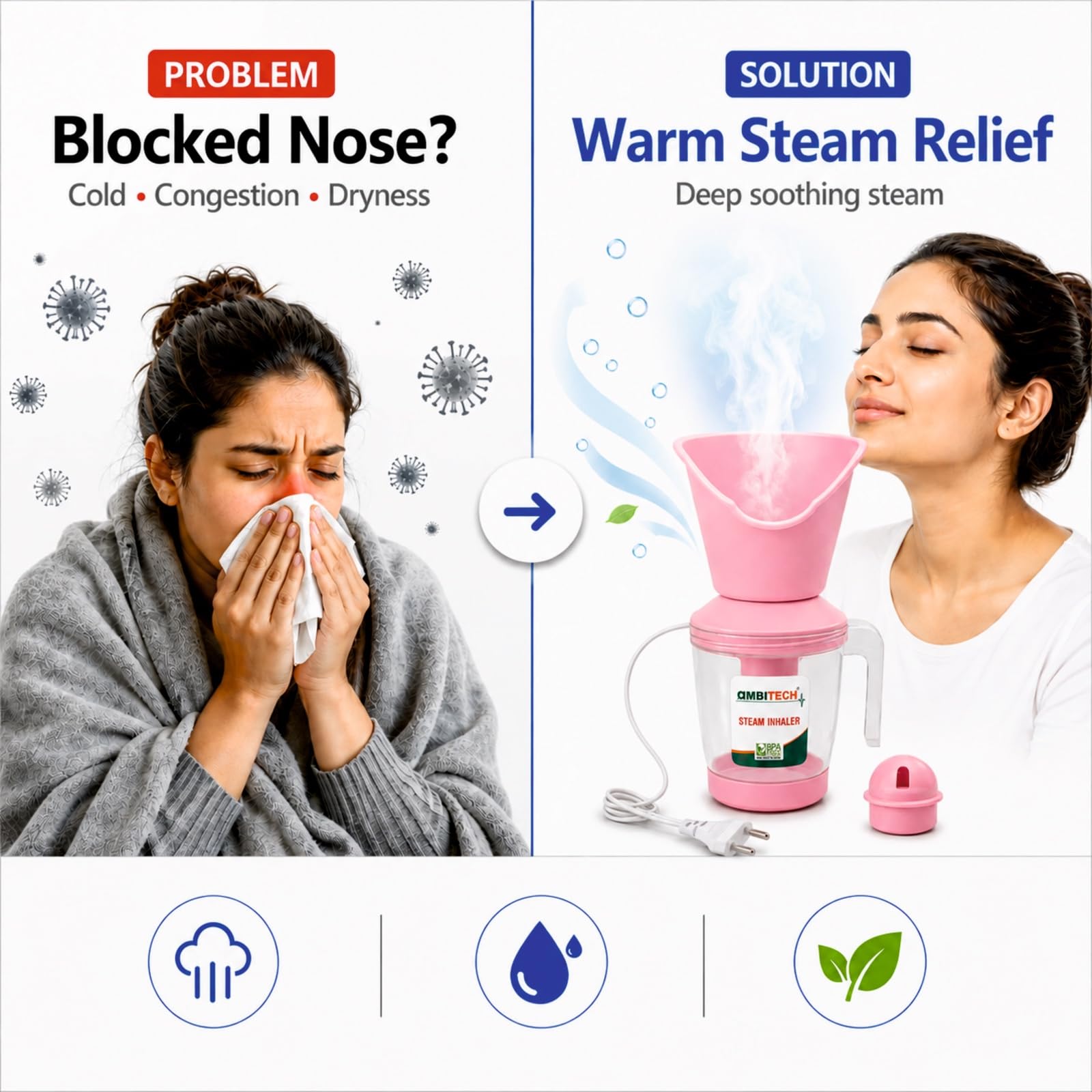 AmbiTech 3 in 1 Steamer with 1 Year Replacement Warranty Steam Inhaler Facial Vaporizer for Cold & Cough| Multi Colour 2