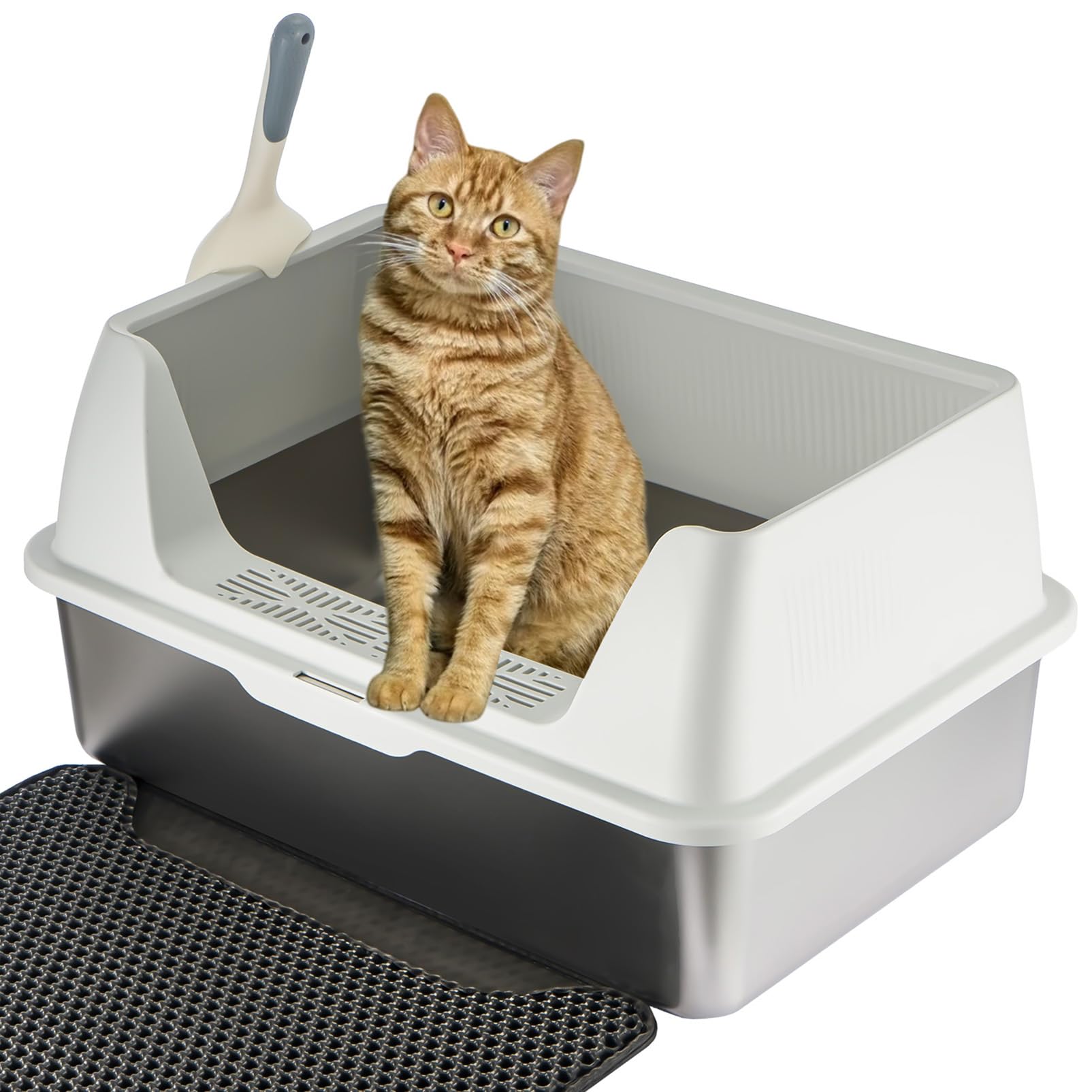 Youyijia XXL Katzentoilette Edelstahl, großem Metall-Streubehälter, 30L Katzentoilette mit spritzwassergeschützt Deckel, Streumatte und Streuschaufel, große und mittelgroße Katzen, 59,5 x 39,5 x 30 cm